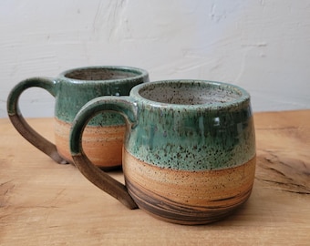 Set of 2 Marbled Mugs, Handmade Stoneware/Copper Patina Green 16oz