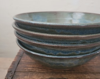 Set of 4 Ceramic Pasta Dinner Bowls, Handmade Stoneware/Denim Glaze