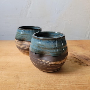 Set of 2 Marbled Dimple Wine Cups, Handmade Pottery/Denim Blue Glaze