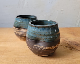 Set of 2 Marbled Dimple Wine Cups, Handmade Pottery/Denim Blue Glaze