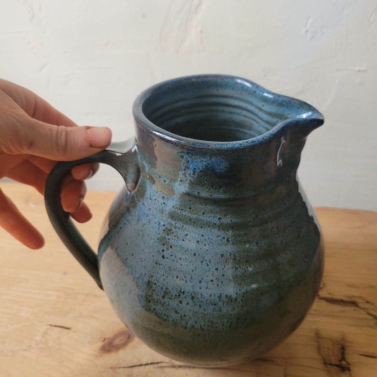 Pottery Pitcher, Handthrown Speckled Stoneware/poured Denim Blue Glaze