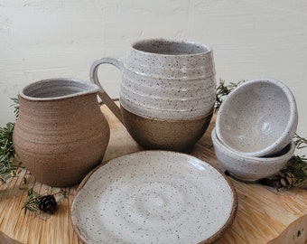 Handmade Pottery Gift Set: Mug, Creamer/Syrup Pitcher, Minibowls & Spoonrest (White/Stoneware), Vermont Made