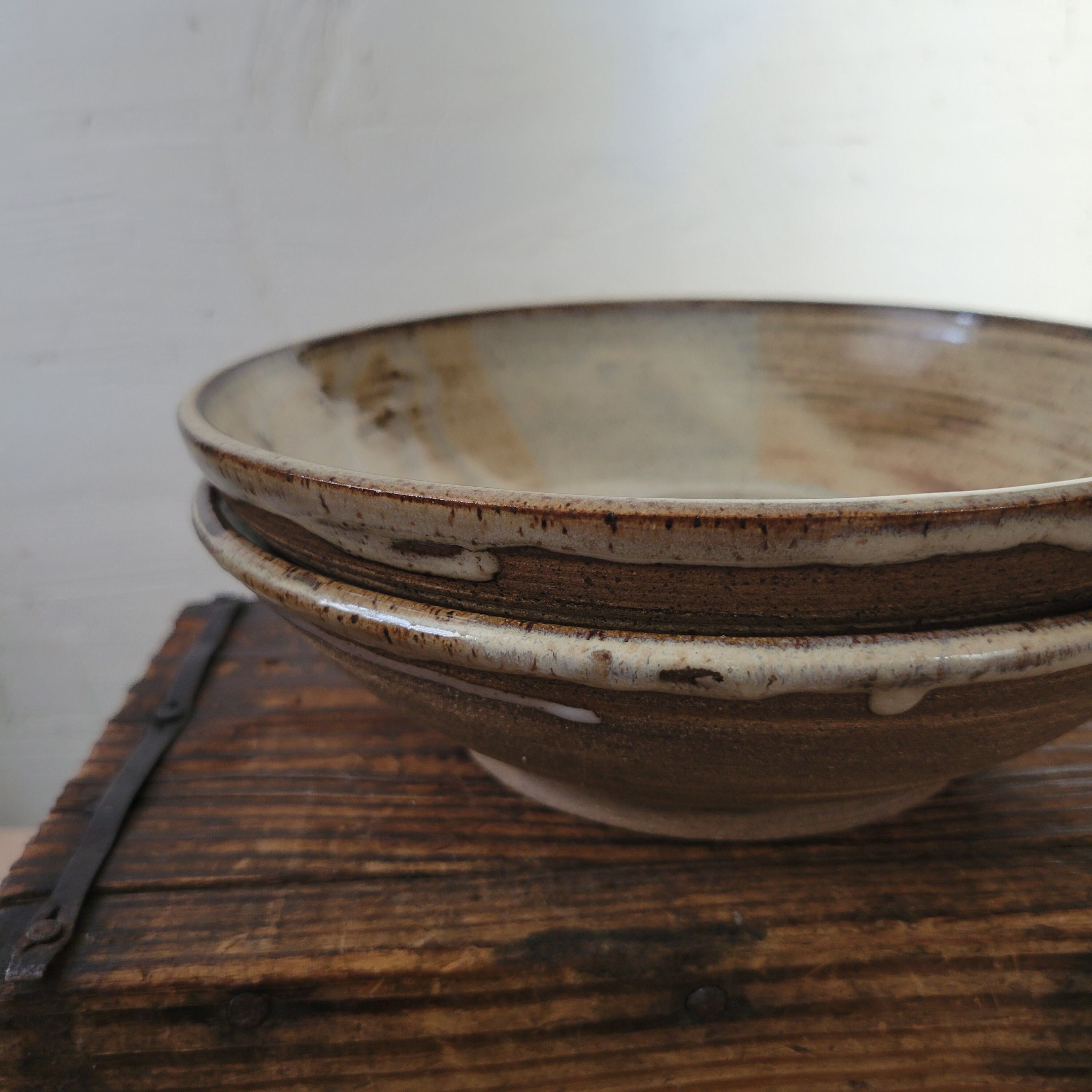 Set of 2 Handmade Pottery Pasta Bowls, Birch/white Glaze, Marbled