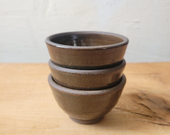 Set of 3 Minibowls, Handthrown Pottery Stoneware/Brown Green Glaze, Ramekins Sauce Dish