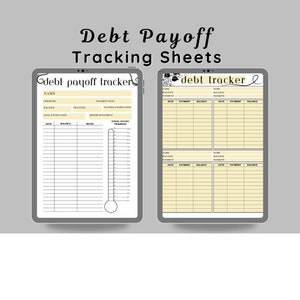 May include: Two printable debt payoff tracker sheets. The left sheet has a thermometer to track progress. The right sheet has four sections for tracking different debts.