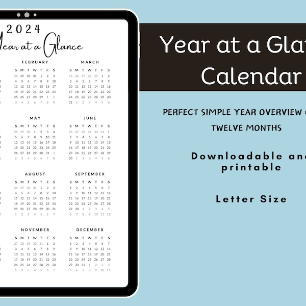 2024 year at a glance, simple printable monthly calendar, planner template