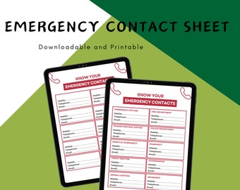 May include: Two printable emergency contact sheets on a tablet screen. The sheets are titled "Know Your Emergency Contacts" and include sections for emergency hotline, poison control center, hospital emergency, family doctor, veterinarian, animal control, and insurance. Each section has fields for mobile, telephone, and email.