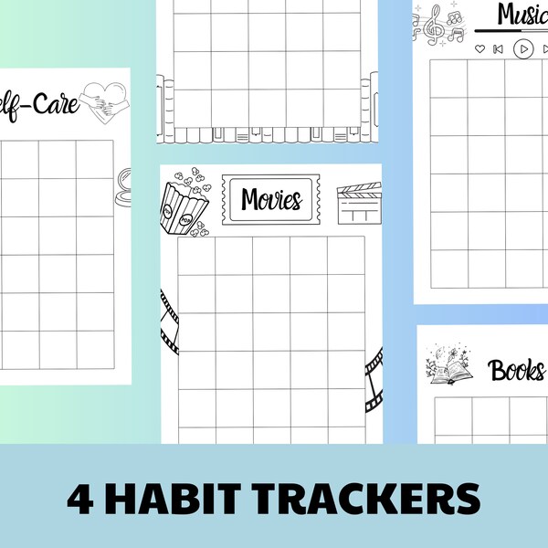 Habit Tracker, Book tracker, Self care tracker, Movie tracker, Song tracker, bullet journal pages