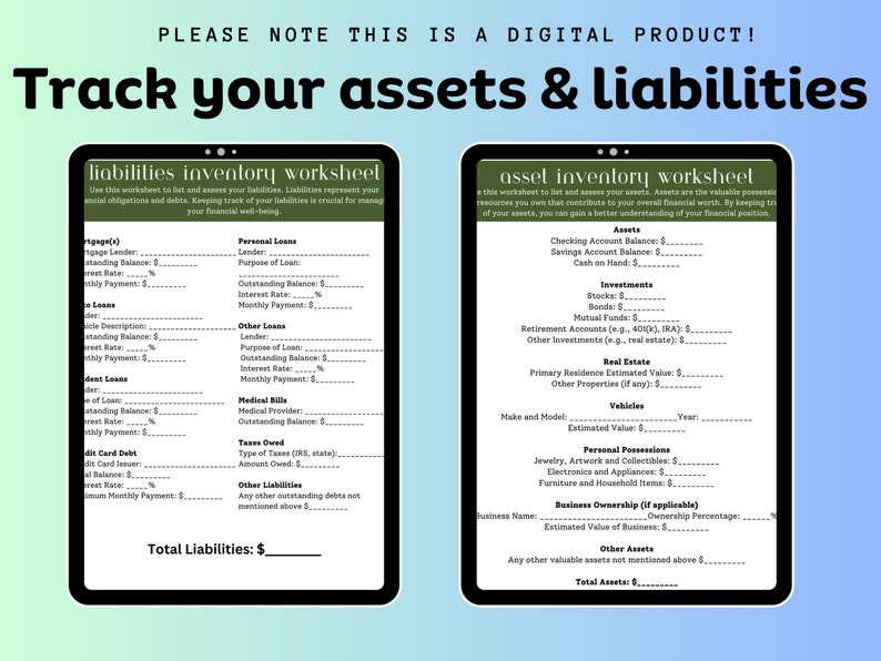 Financial Worksheets, Goal Setting, Growth Financially Independent - Etsy