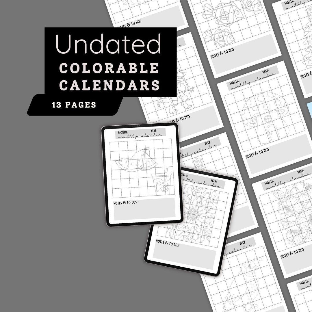 Undated Printable Calendar, Digital Calendar, Colorable Calendar, 2025