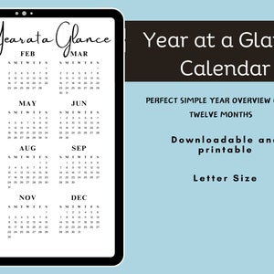 2025 Year at a Glance, Simple Printable Monthly Calendar, Planner ...