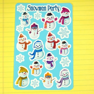 May include: A sheet of colorful snowman stickers with the text "Snowman Party" at the top. The stickers feature snowmen wearing hats, scarves, and mittens. Some snowmen have snowflakes on their hats.