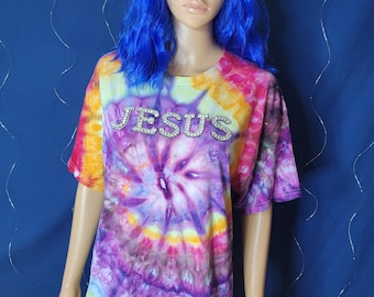 Handmade Tie Dyed JESUS Large Heavy Cotton Tee, Purple Rainbow Swirl Ice dyed Crew Neck Rhinestone Jesus Patch Christian Witness Tshirt