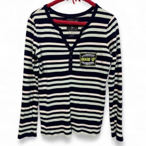 Blue and White Long Sleeve Striped Shirt | Teeth Logo Patch | Alternative Streetwear