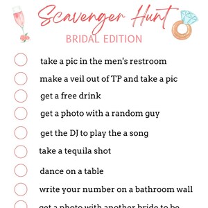 Bachelorette Scavenger Hunt Game Card