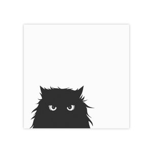 May include: A black cat with white eyes peeks out from the right side of the image. The cat's fur is fluffy and its expression is serious.