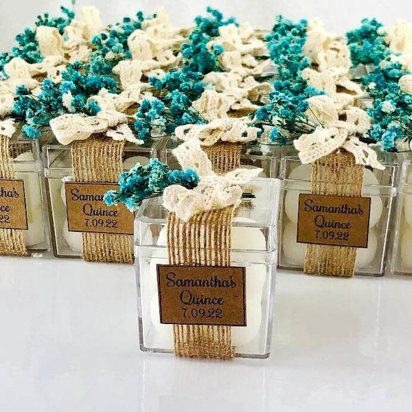 50Pcs Handmade Cube Candle Holder with Personalization, Dried Flowers and Elegant Ribbon Unique Home Decor Accent Special Events and Guests