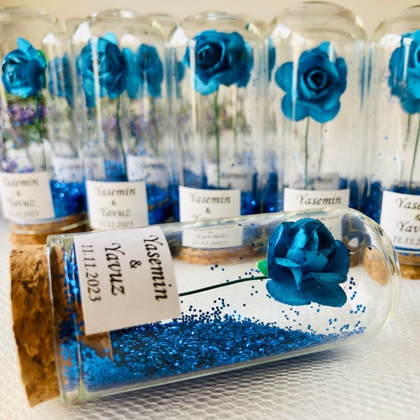 1-100 stuks bulk blauwe roos gepersonaliseerde glazen koepelbuis voor bruiloft bruidsgeschenken, baby verjaardag douche ornament huisdecoratie glitters gast gunst