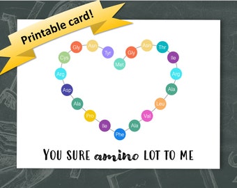 May include: A printable card with a heart shape made of colorful circles, each with a different amino acid abbreviation. The text below reads "YOU SURE amino LOT TO ME".