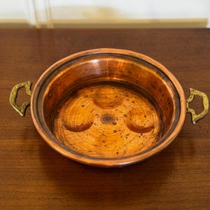 Vintage Small Copper Escargot Saute Pan Double Brass Handles Egg Pan