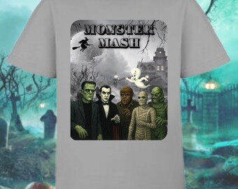 Halloween Monster Mash T-Shirt – Classic Fit Featuring Frankenstein, Dracula & More