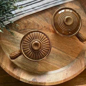 Vintage Stoneware Handled Lidded Soup Bowls, set of 2