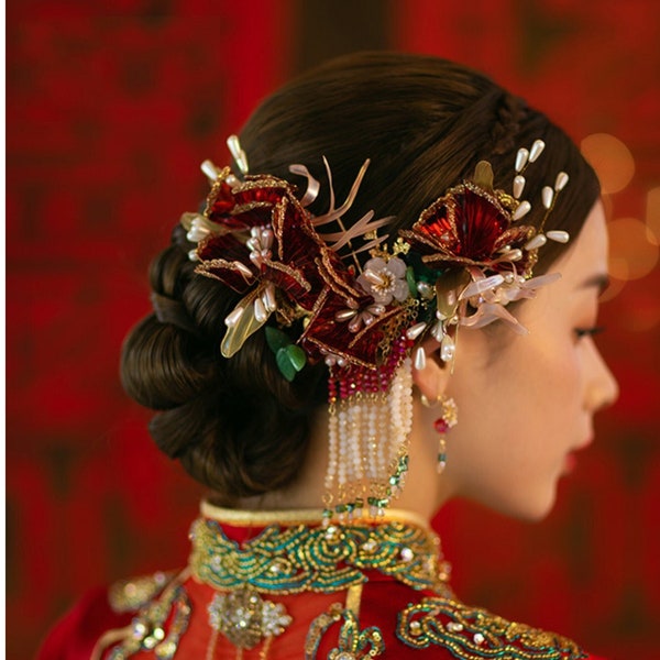 Traditional Chinese Wedding Headdress Chinese Hair Pin Bride Hair Comb Red Floral Hair Comb Tea Ceremony Bridal Hairpiece Floral Hair Piece