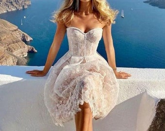 Civil Short Wedding Dress Bridal Corset Wedding Dress Midi Wedding Dress Lace White Tulle Ball Gown Elopement Dress Rehearsal Dinner Dress