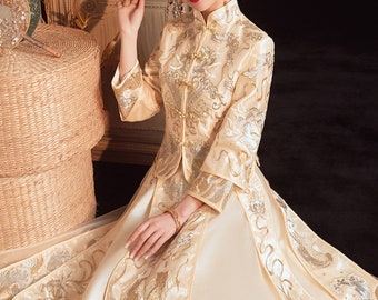 Gold Traditional Chinese Wedding Dress Chinese Tea Ceremony Dress Phoenix Embroidery Qun Kwa Asian Chinese Xiuhe Dress Wedding Qipao Dress