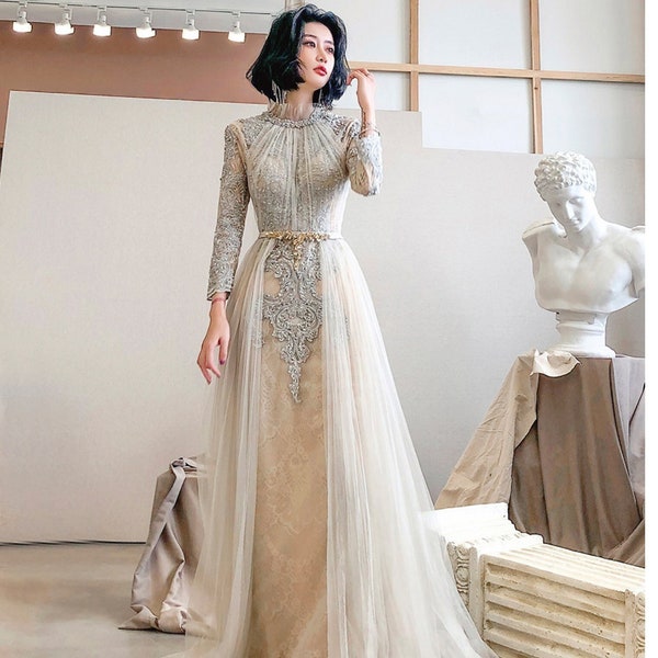 Fantasy Long Sleeves Winter Wedding Dress Fairy Prom Dress Fairy Gown Lace Elopement Dress Vintage Evening Gown Rehearsal Dinner Dress Bride