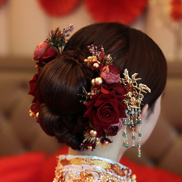 Traditional Chinese Hair Pin Red Bridal Headdress Wedding Metal Hair Pin Chinese Bride Hair Comb Floral Hair Comb Chinese Wedding Headdress