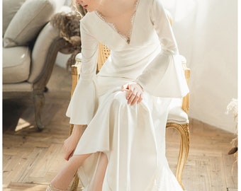 Minimalist Long Sleeve Wedding Dress Simple Modest Wedding Dress Puff Sleeve Dress White Engagement Long Dress Satin Reception Dress Bride
