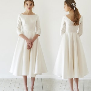 Simple Rehearsal Dinner Dress Casual Wedding Dress Midi Civil Dress Modest Wedding Dress Satin Courthouse Wedding Dress A Line with Sleeves
