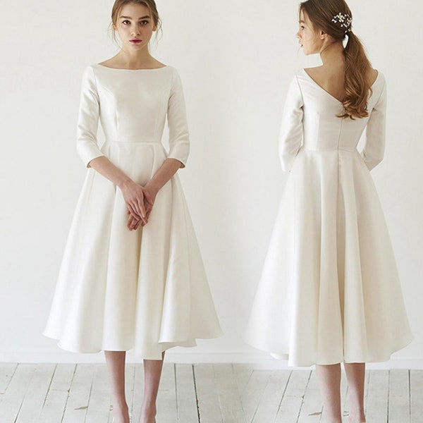 Casual Rehearsal Dinner Dress Modest Wedding Dress Satin Simple Wedding Attire Long Sleeve Reception Dress Midi Courthouse Wedding Dress