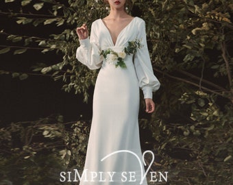 Puff Sleeves Minimalist Wedding Dress Mermaid Long Sleeve Casual Wedding Dress Modest Reception Dress Elegant Rehearsal Dinner Dress