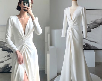 Courthouse Minimalist Wedding Dress with Long Sleeve Reception Dress Elegant Rehearsal Dinner Dress Modern Modest Wedding Dress Casual