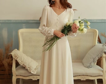 Minimalist Wedding Dress Midi Wedding Rehearsal Dress Modest Courthouse Wedding Dress Casual Wedding Gown Civil Wedding Dress Long Sleeve