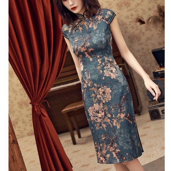 Mandarin Collar Qipao Dress Traditional Chinese Dress Vintage Cheongsam Dress Embroidered Chinese Qipao Floral Shanghai Tang Qipao Wedding