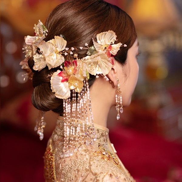 Traditional Chinese Hair Pin Bride Hair Comb Chinese Wedding Headdress Tea Ceremony Gold Hair Comb Bridal Floral Hair Comb Gold Hair Piece