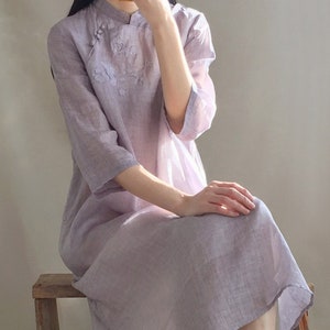 Plus Size Linen Shirt Dress Modern Hanfu Dress Chinese Qipao Dress Loose Cheongsam Dress Oversize Dress Mandarin Collar Chinese Dress