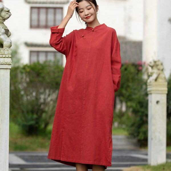 Chinese Qipao Dress Plus Size Linen Dress Modern Hanfu Dress Mandarin Collar Oversized Dress Loose Cheongsam Dress Chinese Dress Asian Dress