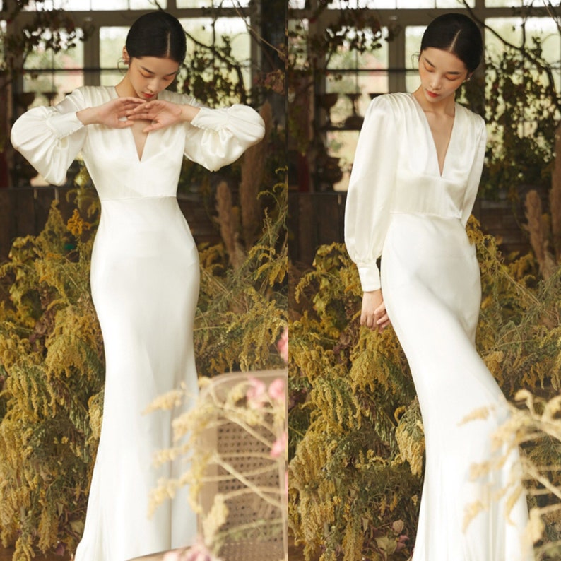 Minimalist Wedding Dress Long Sleeve Wedding Dress Satin - Etsy