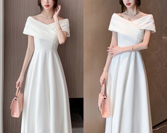 Casual Rehearsal Dinner Dress Modest Simple Wedding Dress Satin Reception Dress Midi Off Shoulders Wedding Dress Courthouse Wedding Dress