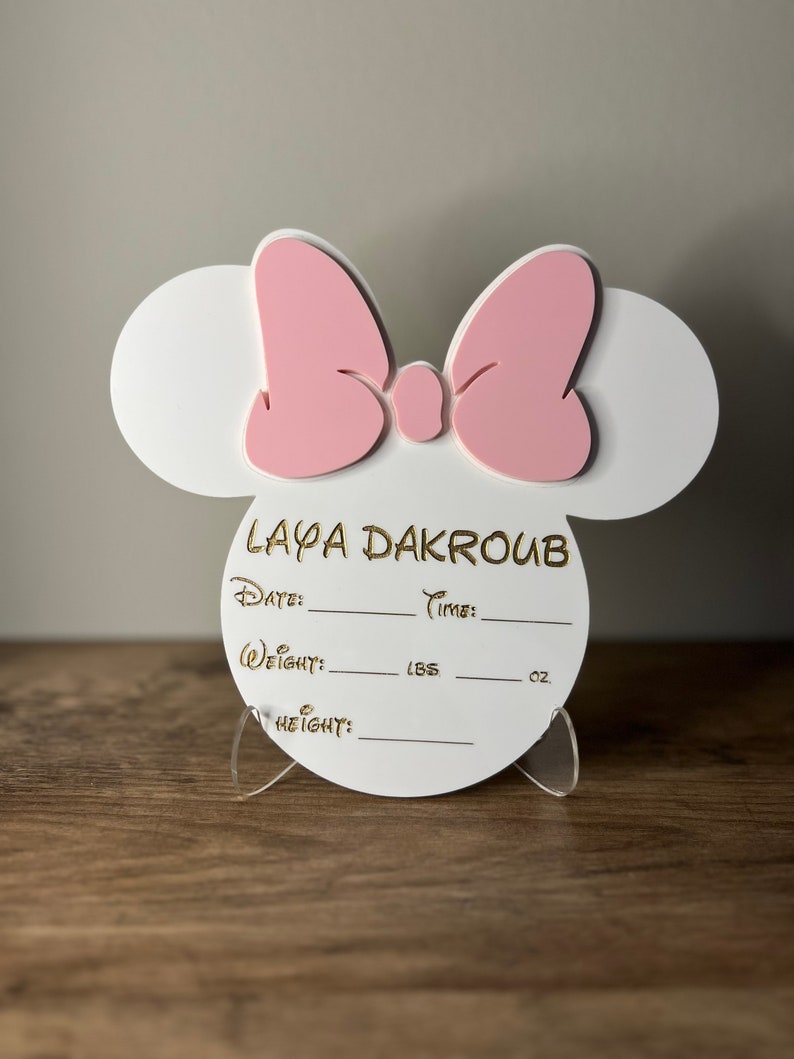Minnie Mouse Inspired Birth Announcement Sign | Newborn Photo Prop | Hospital Photo Prop for Newborns | Welcome Baby Photo Prop Sign image 1