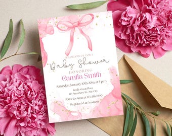 Invitación para baby shower con lazo rosa, plantilla Coquette (digital)