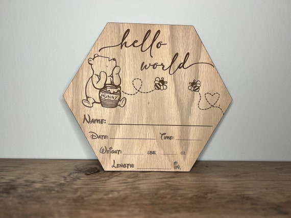 Wooden Baby Birth Announcement Sign - Winnie The Pooh Hunny Pot Design, 6.5\" Newborn Photo Prop, Gender Neutral
