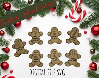 Tokens de lista de balde de Natal SVG, Tokens de atividades de Natal SVG, Tokens de contagem regressiva de Natal, Tokens de Natal para fazer, Tokens de pão de gengibre