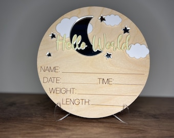 Moon & Stars Baby Birth Announcement Sign – Newborn Photo Prop
