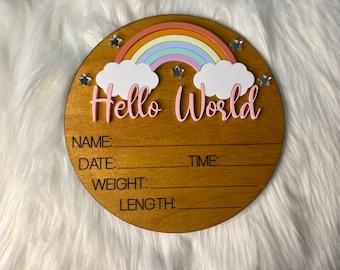 Baby Birth Announcement Sign - Newborn Photography Prop - Boho Rainbow Birth Announcement Sign - Hello World Newborn Sign