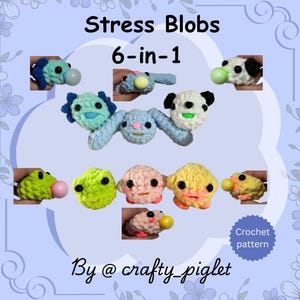 Op de afbeelding: Een haakpatroon voor 6 verschillende stress-blob-speelgoed. Het patroon bevat een blauwe, groene, roze, gele, witte en een panda stress-blob. Het patroon heet "Stress Blobs 6-in-1" en is van @crafty_piglet.